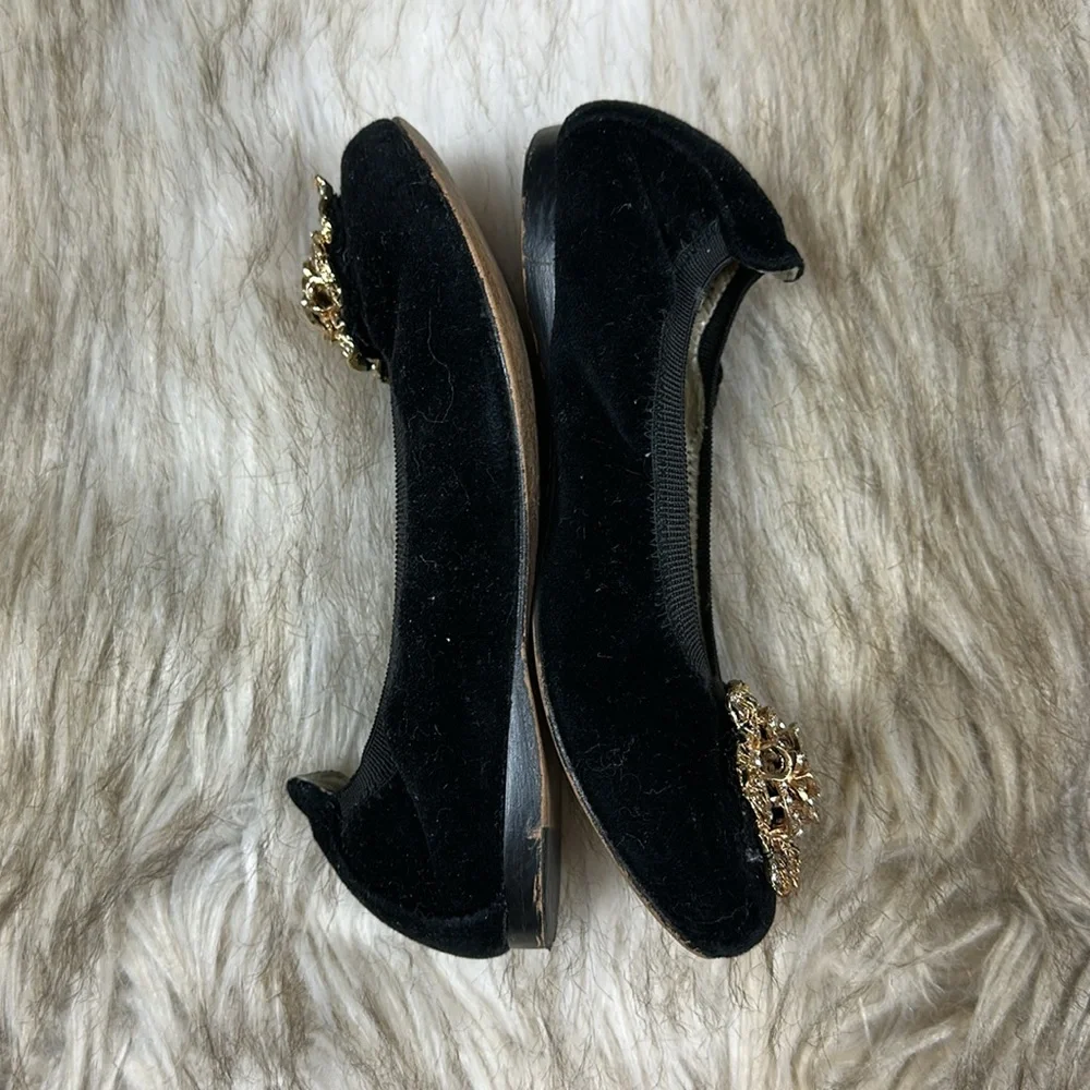 David Charles Girls Black Velvet Flats Sz 29 Gold Dress Shoes Designer